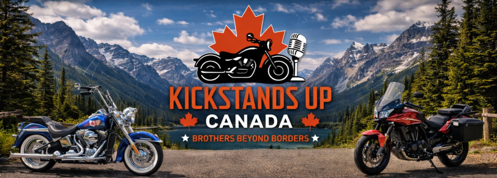 2 motorcycles with mountains in the background, showing the logo